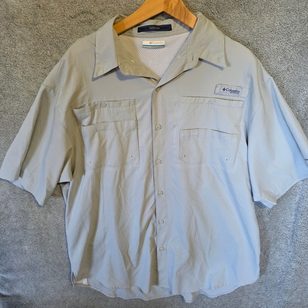 Columbia PFG Tamiami II Fishing Shirt Mens Large Grey Short Sleeve FM7266 UPF 40